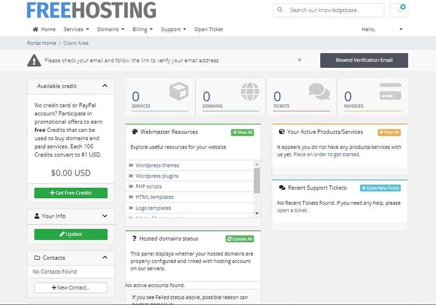 Screenshot of FreeHosting Dashboard