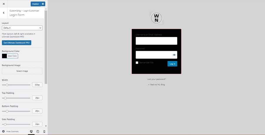 Screenshot of Ultimate Dashboard Login Form Settings