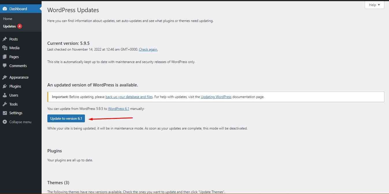 Screenshot of WordPress updates page