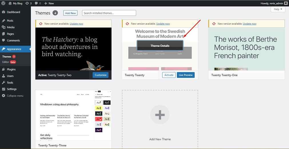 Screenshot of hovering a theme to display theme details
