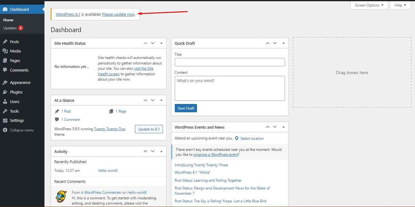 Screenshot of notification of an update